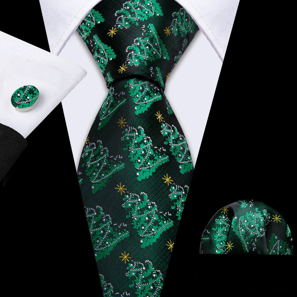 Emerald Green Christmas Tree Tie, Pocket Square, and Cufflinks Silk Tie Set - GentCrest