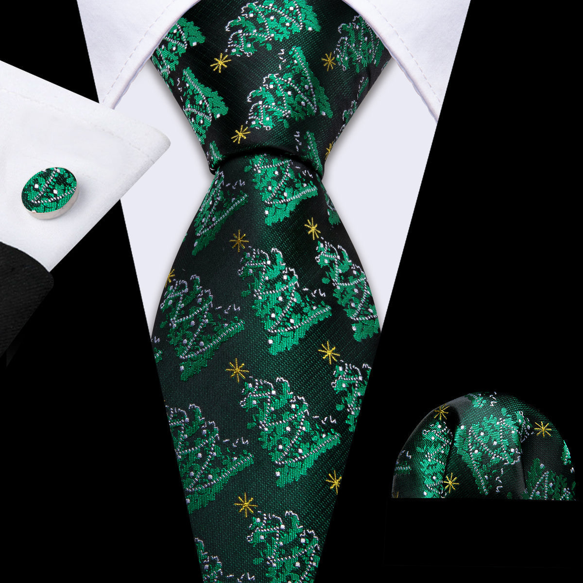 Emerald Green Christmas Tree Tie, Pocket Square, and Cufflinks Silk Tie Set - GentCrest