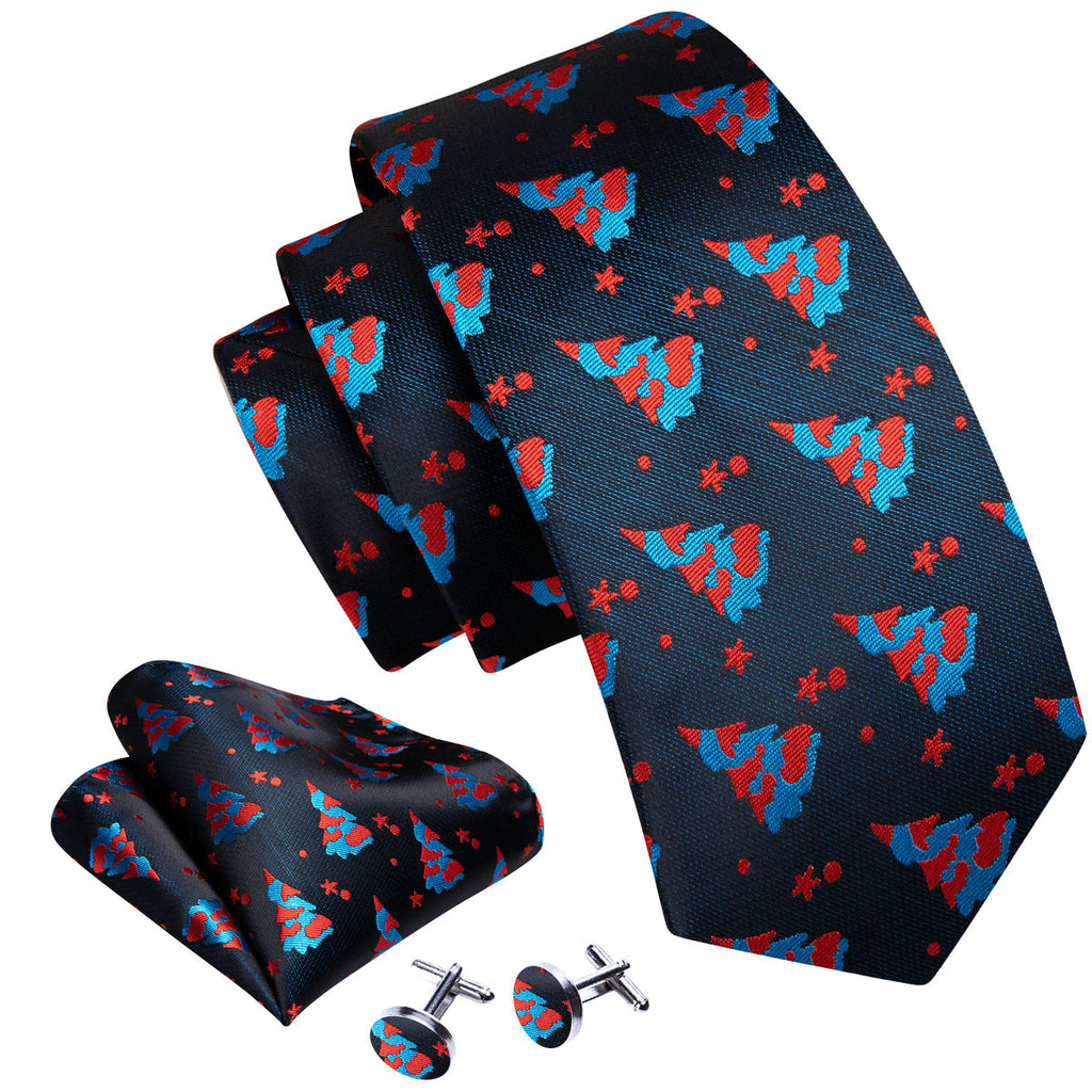 Blue & Red Christmas Jacquard Silk Tie, Pocket Square, and Cufflinks Silk Tie Set - GentCrest - View 2