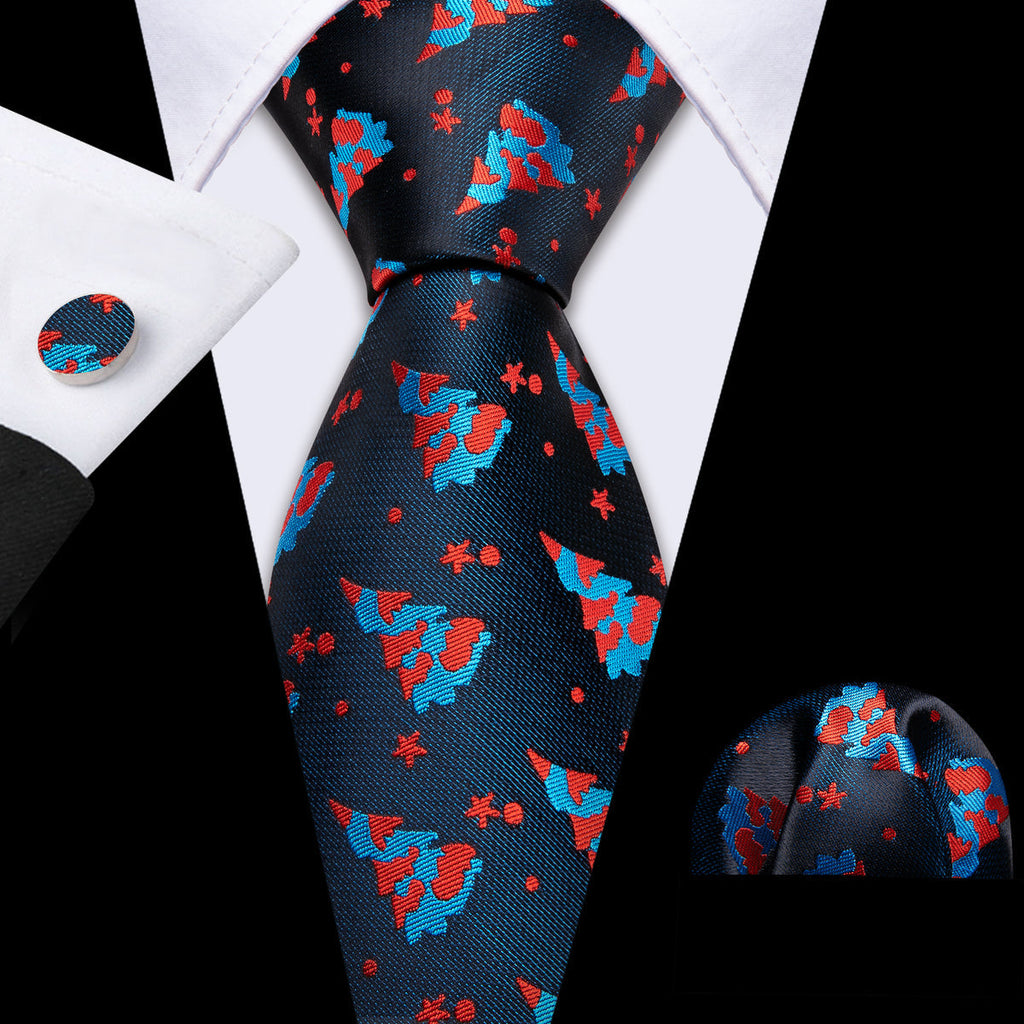 Blue & Red Christmas Jacquard Silk Tie, Pocket Square, and Cufflinks Silk Tie Set - GentCrest
