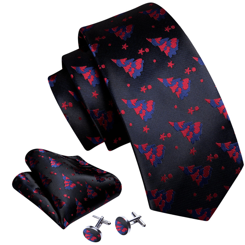 Black Red Christmas Jacquard Silk Tie Set - GentCrest - View 2