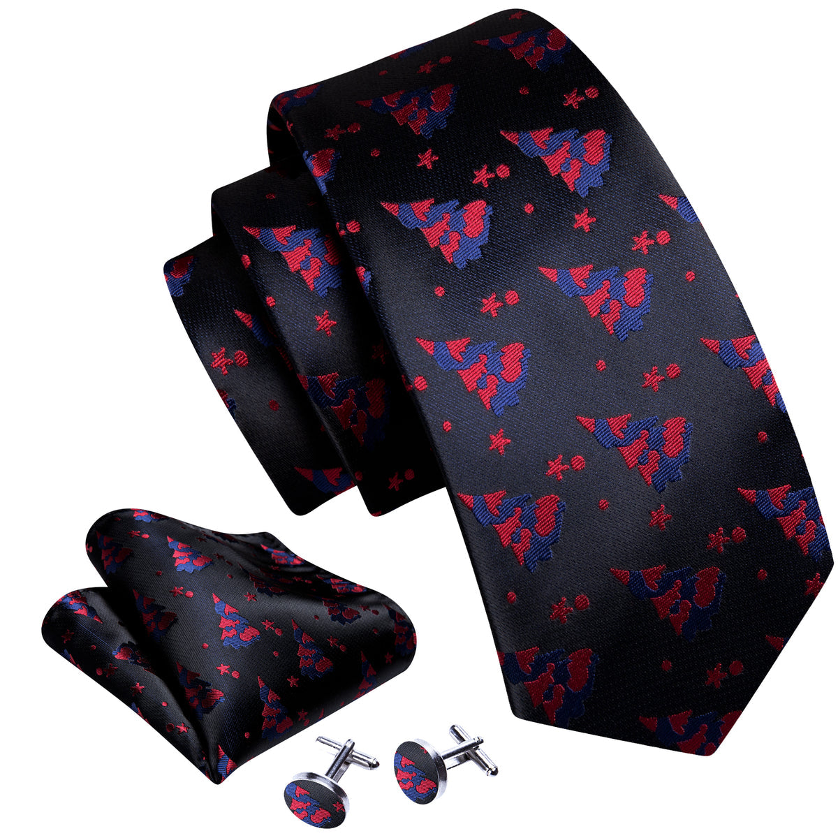 Black Red Christmas Jacquard Silk Tie Set - GentCrest - View 2