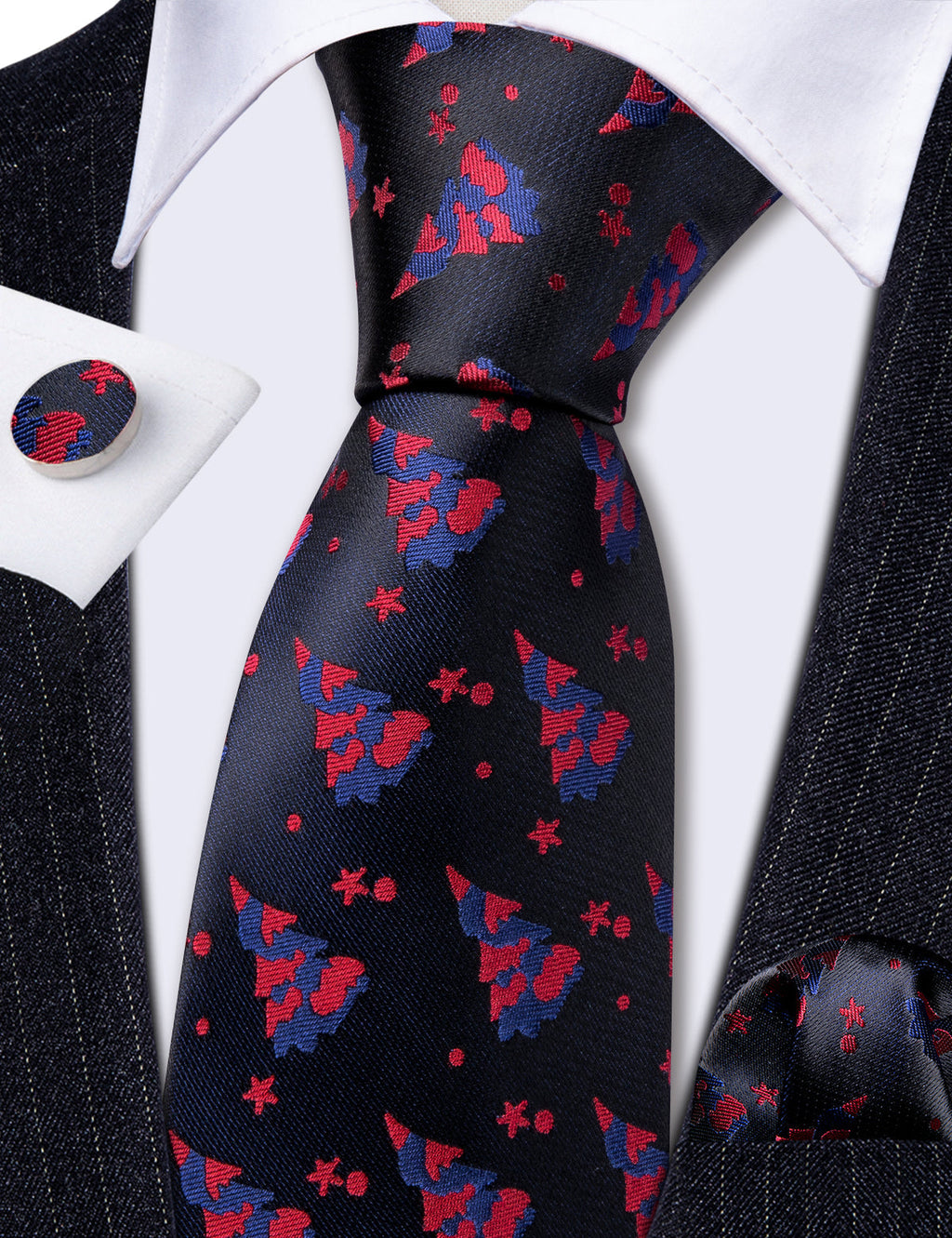 Black Red Christmas Jacquard Silk Tie Set - GentCrest - View 5