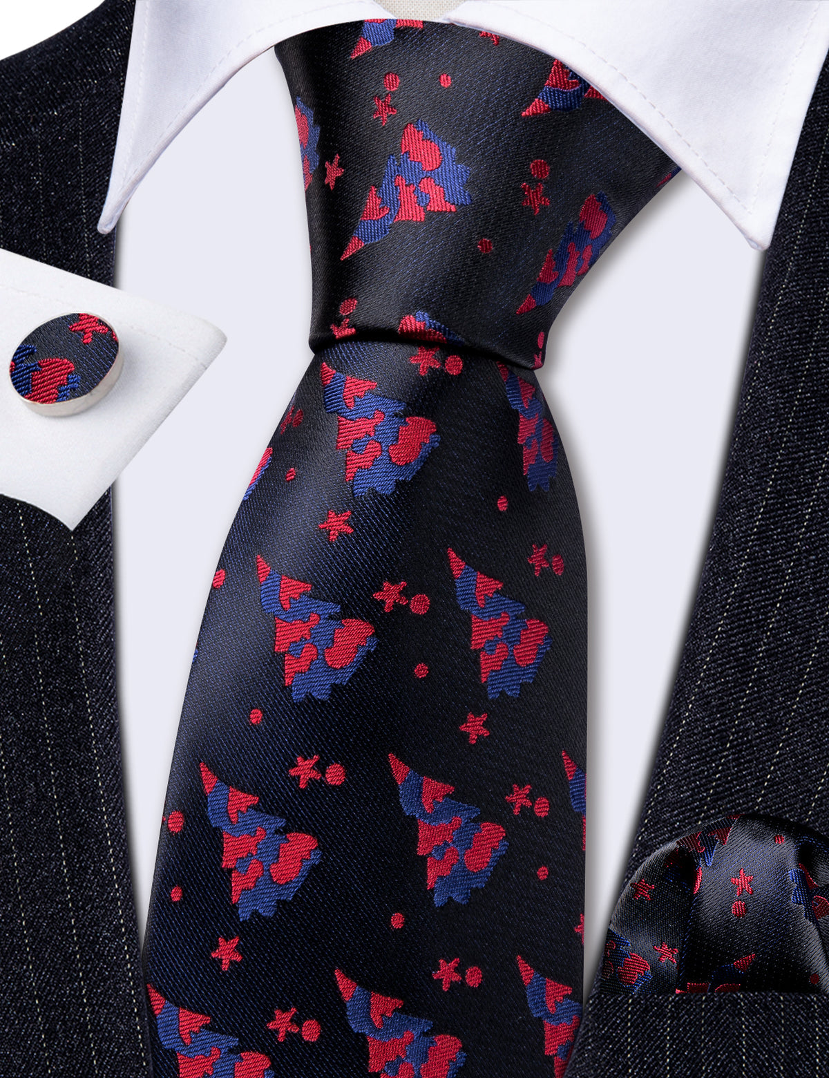 Black Red Christmas Jacquard Silk Tie Set - GentCrest - View 5