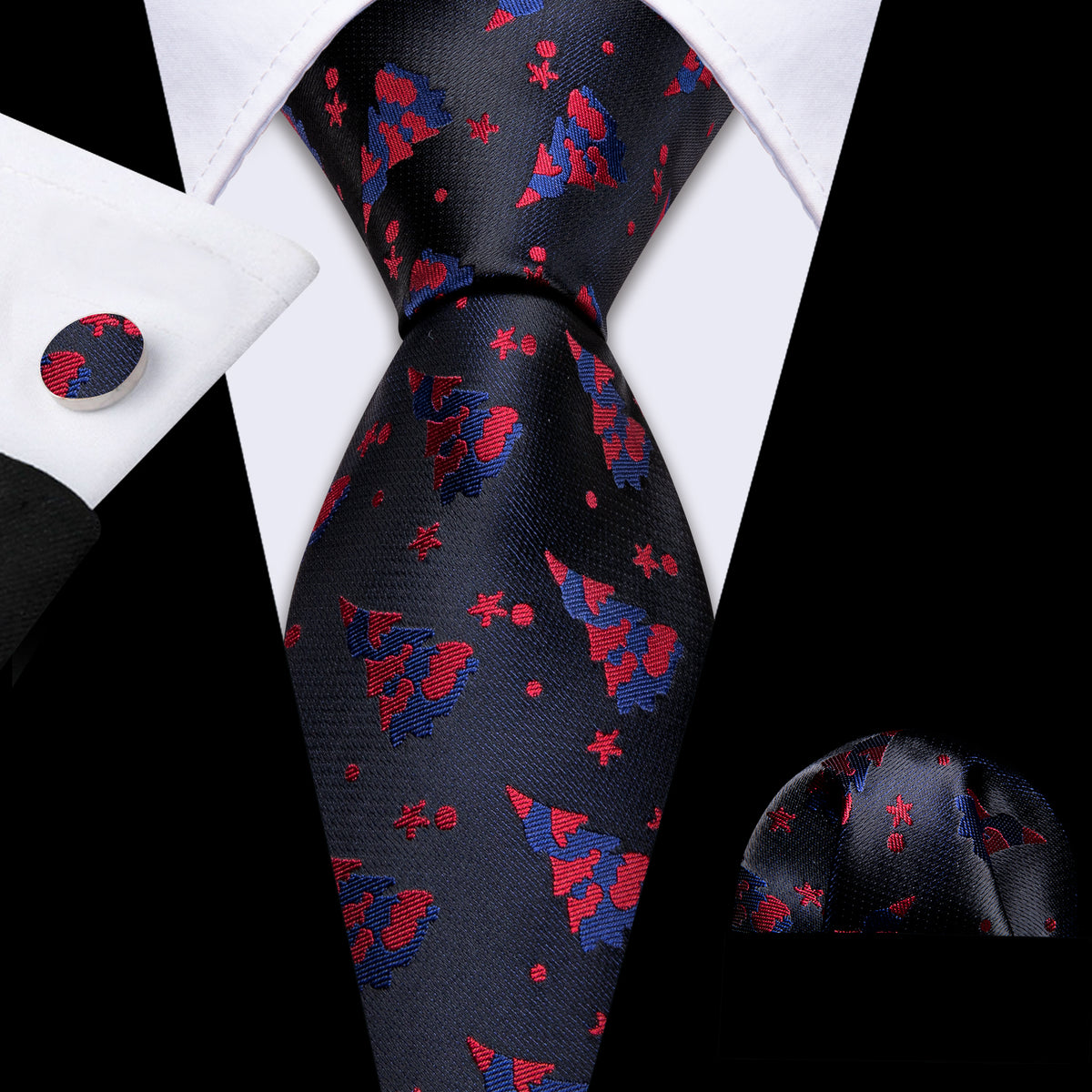 Black Red Christmas Jacquard Silk Tie Set - GentCrest