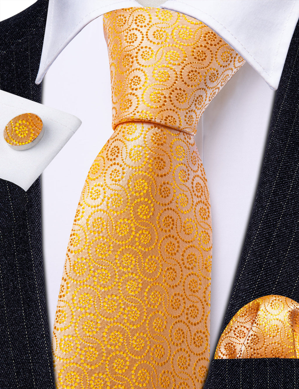 Gold Yellow Floral Silk Tie Set - GentCrest - View 3
