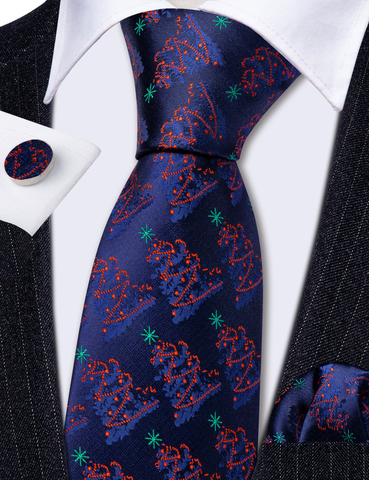 Christmas Ultra Marine Xmas Tree Pattern Silk Tie Set - GentCrest - View 5