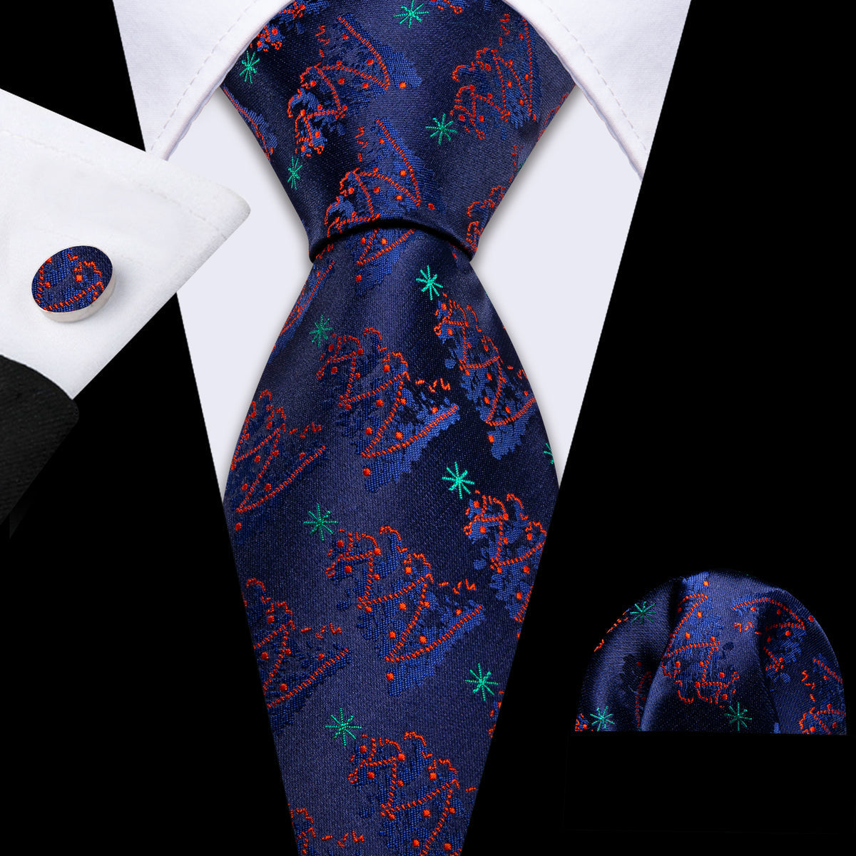 Christmas Ultra Marine Xmas Tree Pattern Silk Tie Set - GentCrest