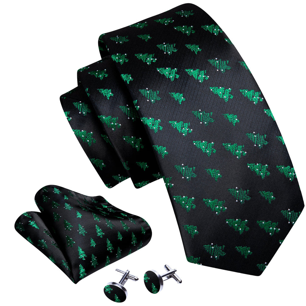 Midnight Black & Emerald Green Christmas Tree Silk Tie, Pocket Square, and Cufflinks Silk Tie Set - GentCrest - View 2