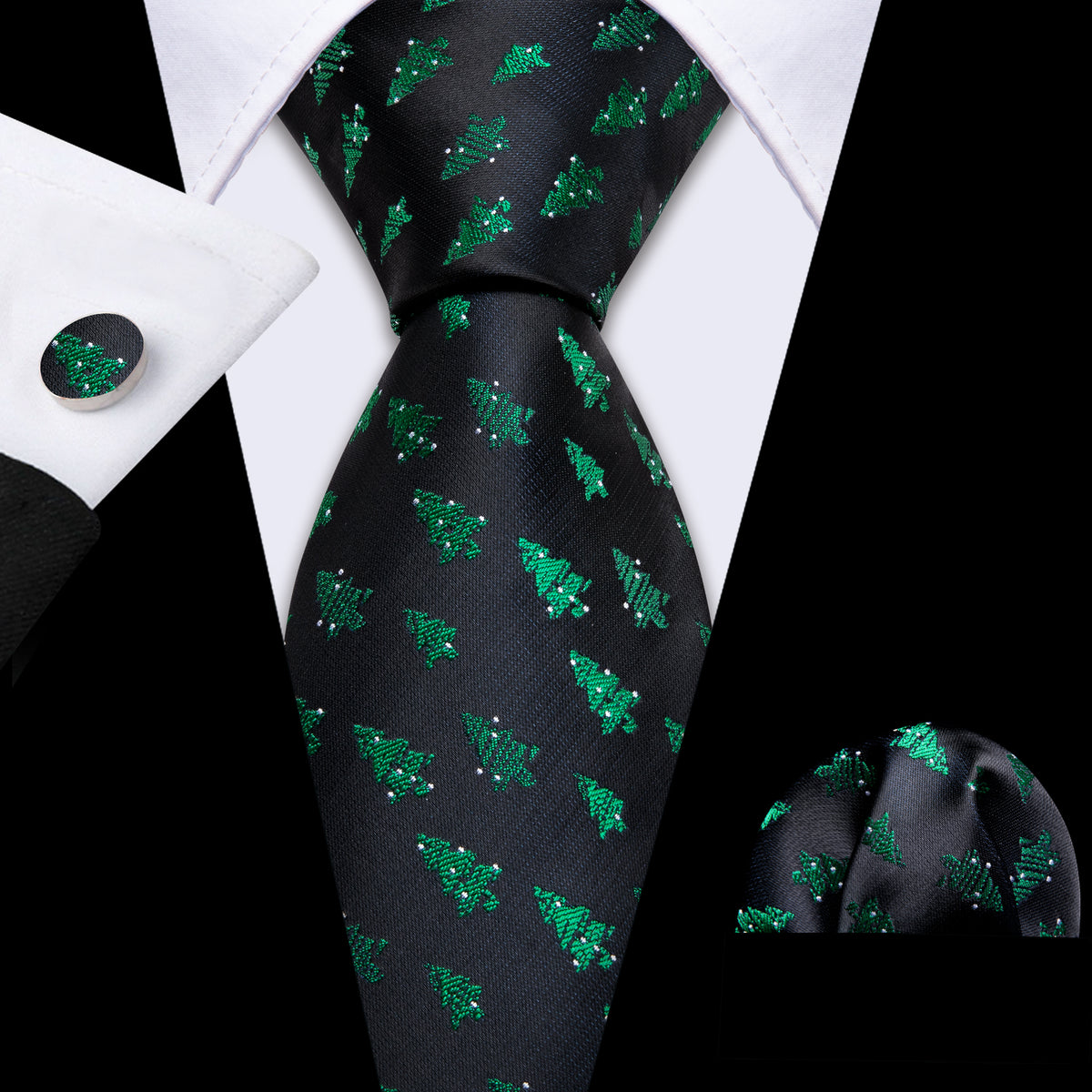 Midnight Black & Emerald Green Christmas Tree Silk Tie, Pocket Square, and Cufflinks Silk Tie Set - GentCrest