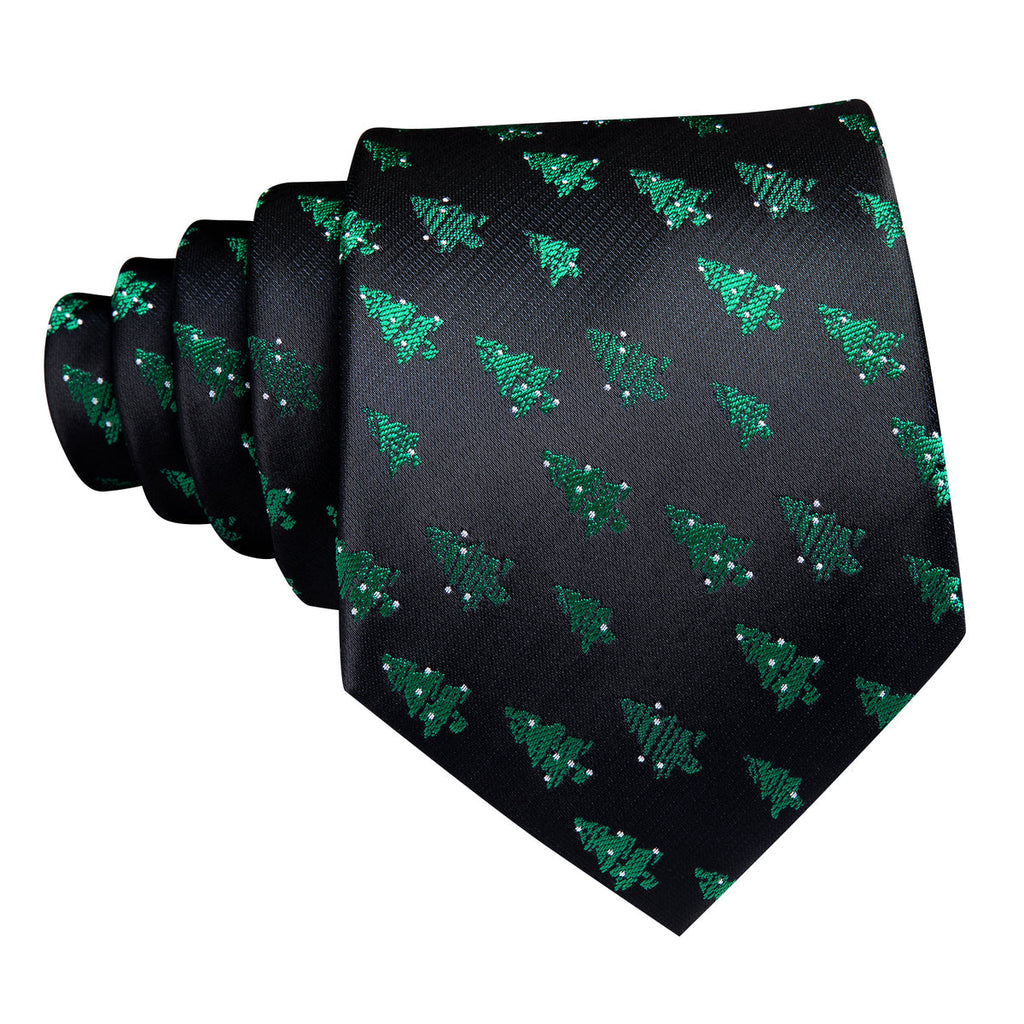 Midnight Black & Emerald Green Christmas Tree Silk Tie, Pocket Square, and Cufflinks Silk Tie Set - GentCrest - View 3