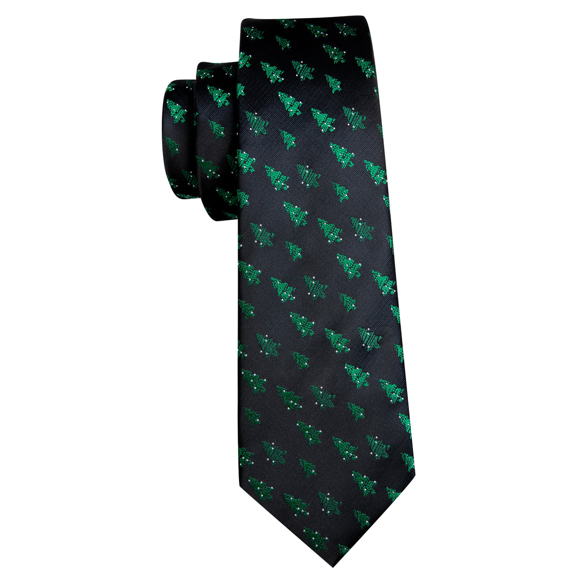 Midnight Black & Emerald Green Christmas Tree Silk Tie, Pocket Square, and Cufflinks Silk Tie Set - GentCrest - View 4