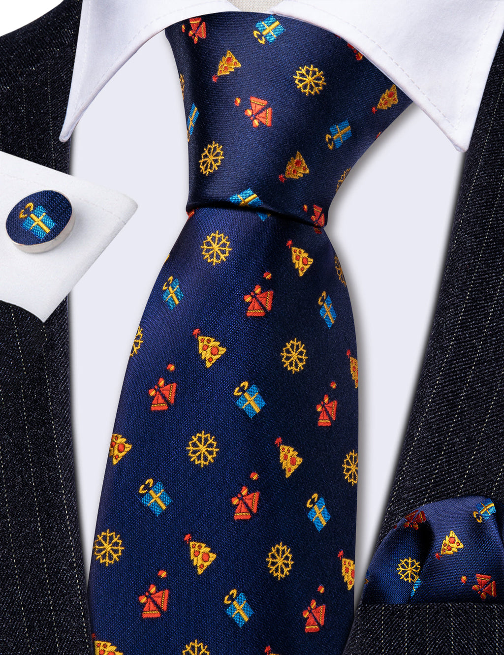 Blue Christmas Printed Pattern Silk Tie Set - GentCrest - View 5