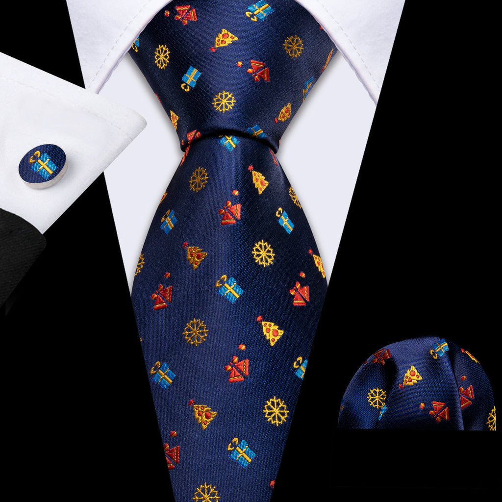 Blue Christmas Printed Pattern Silk Tie Set - GentCrest