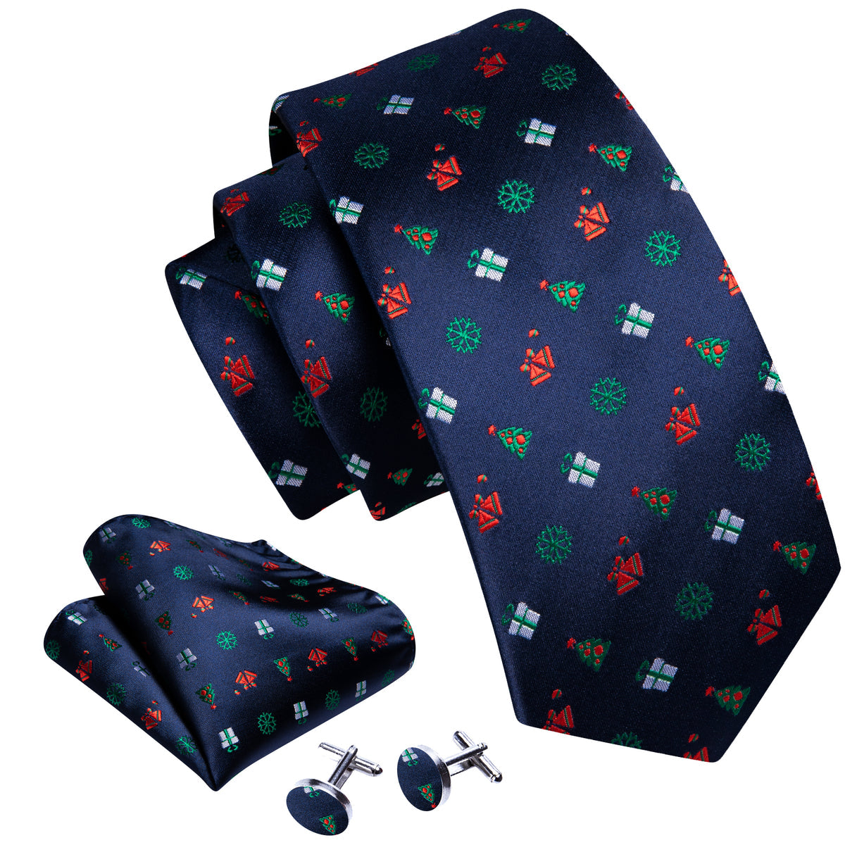 Blue Red Christmas Pattern Silk Tie Set - GentCrest - View 2