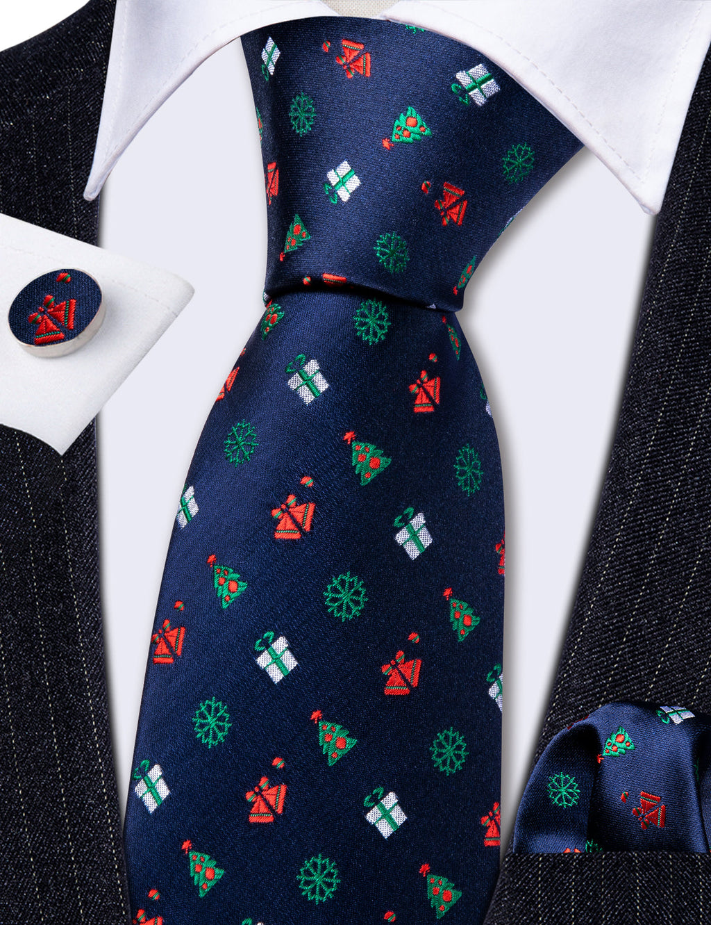 Blue Red Christmas Pattern Silk Tie Set - GentCrest - View 6