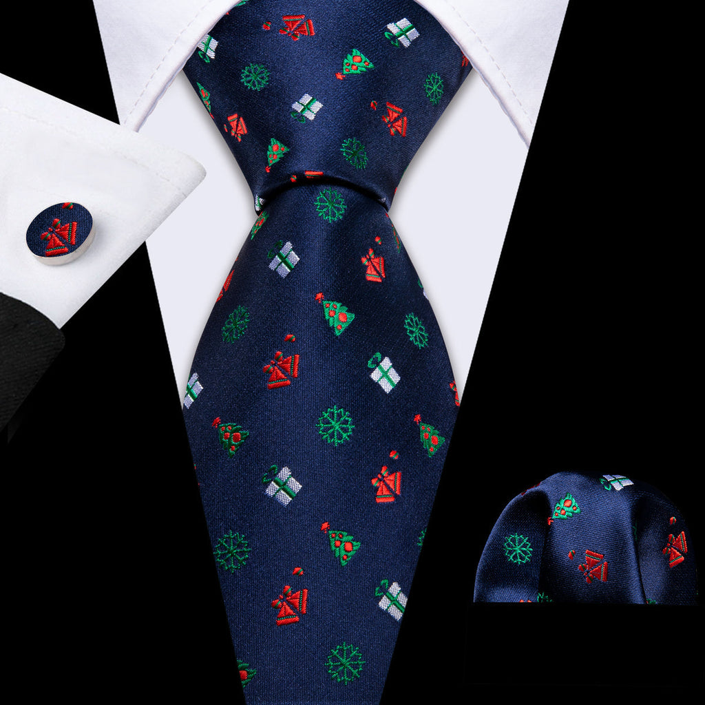 Blue Red Christmas Pattern Silk Tie Set - GentCrest