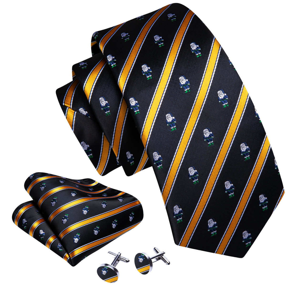 Black Yellow Christmas Santa Claus Pattern Silk Tie Set - GentCrest - View 2