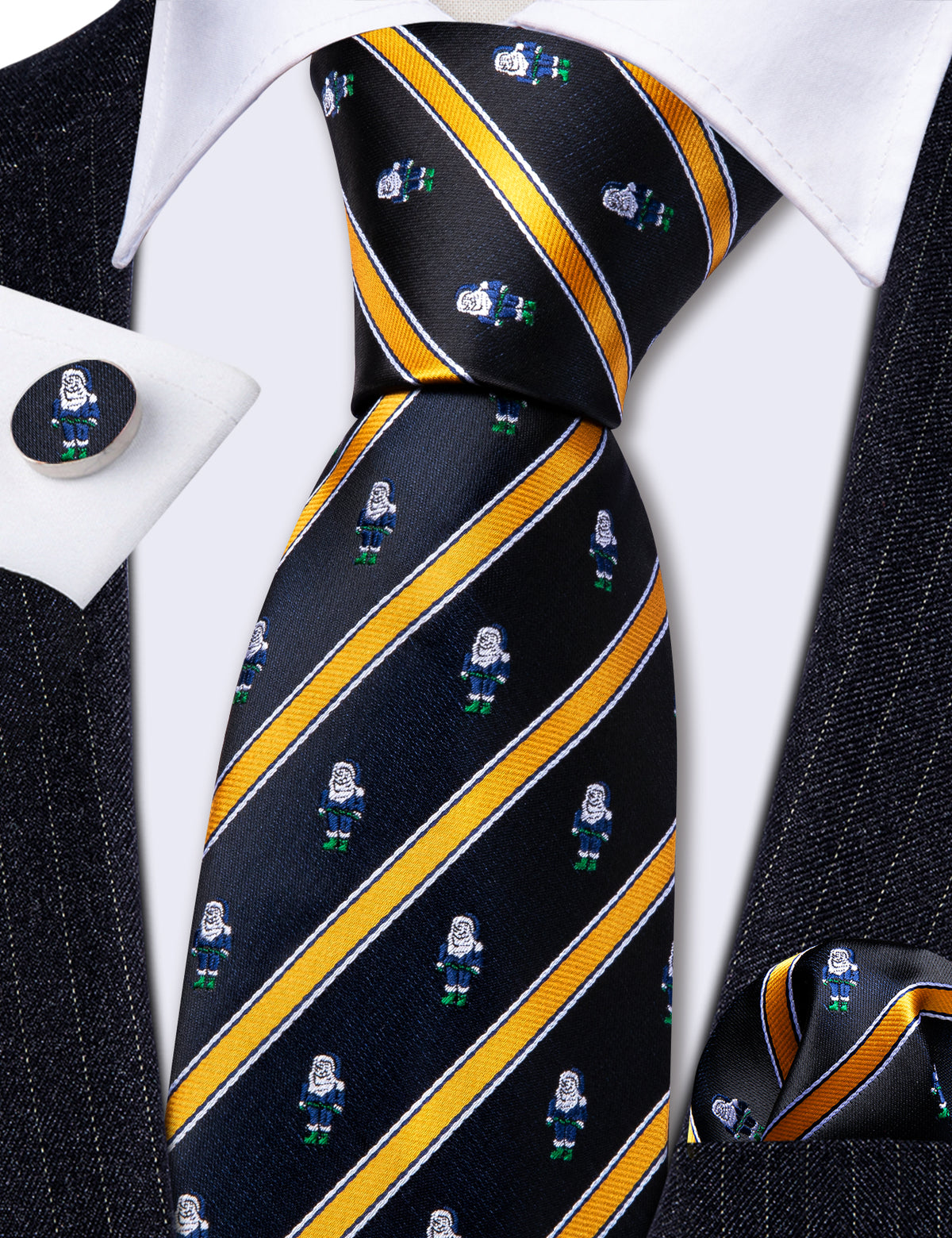 Black Yellow Christmas Santa Claus Pattern Silk Tie Set - GentCrest - View 5