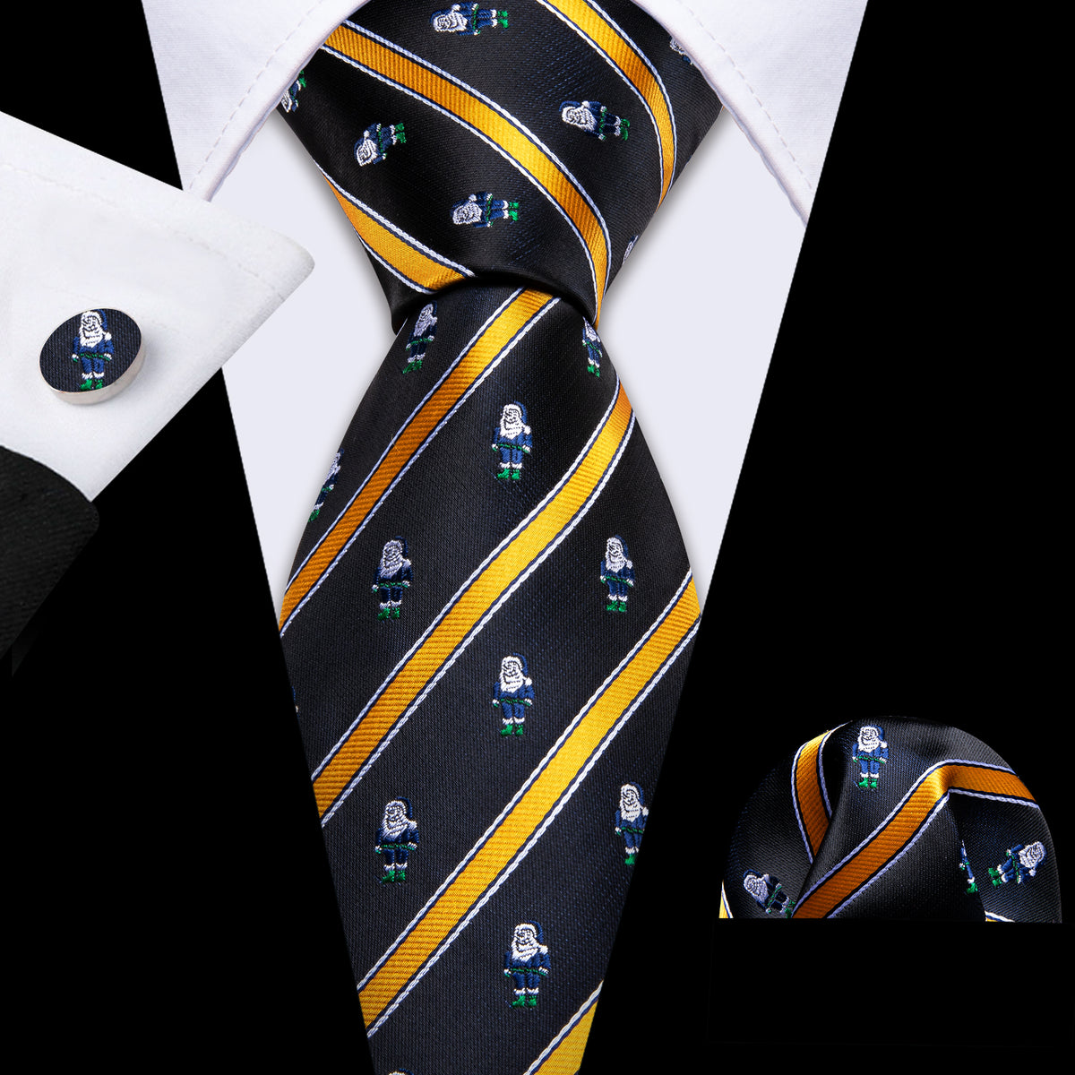 Black Yellow Christmas Santa Claus Pattern Silk Tie Set - GentCrest