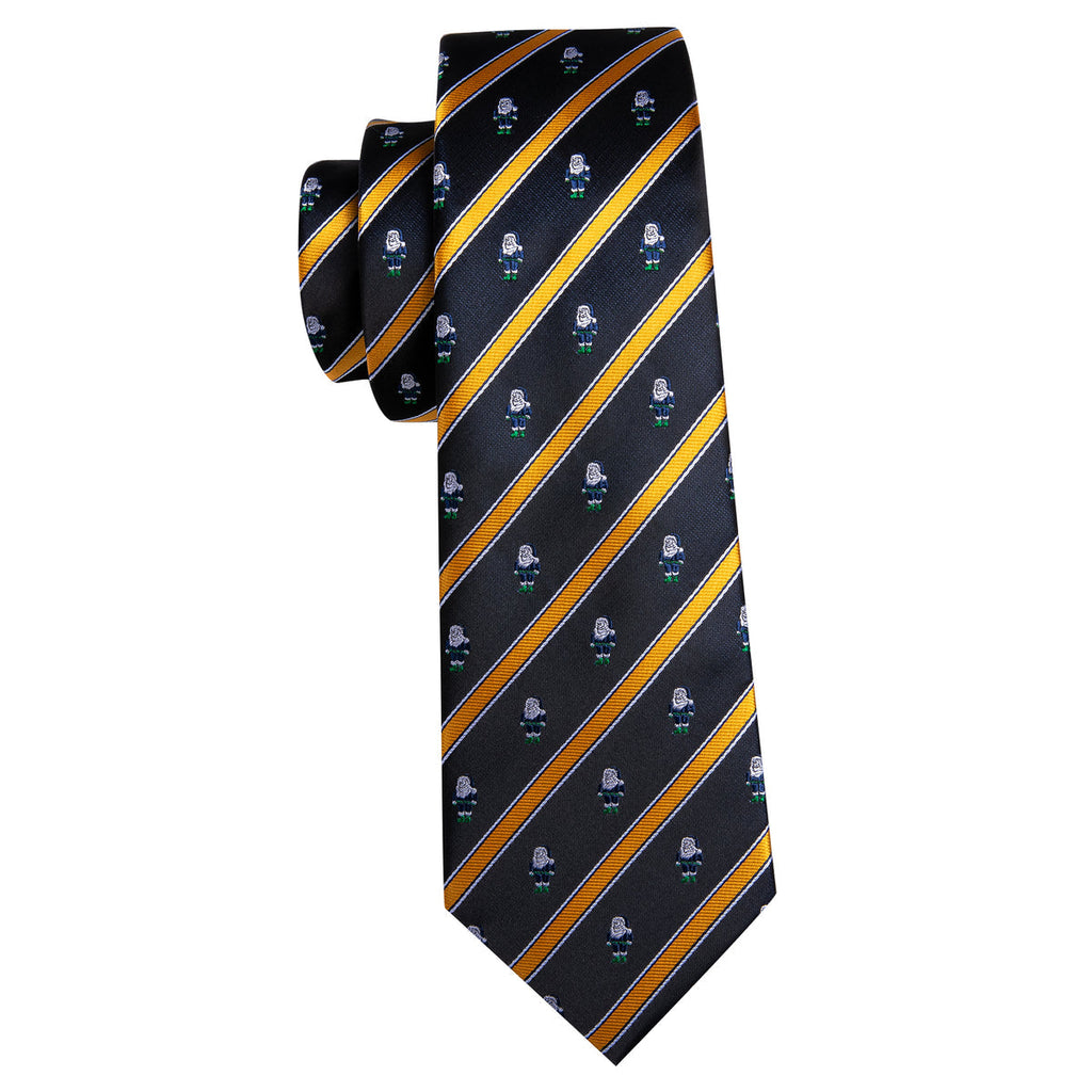 Black Yellow Christmas Santa Claus Pattern Silk Tie Set - GentCrest - View 3