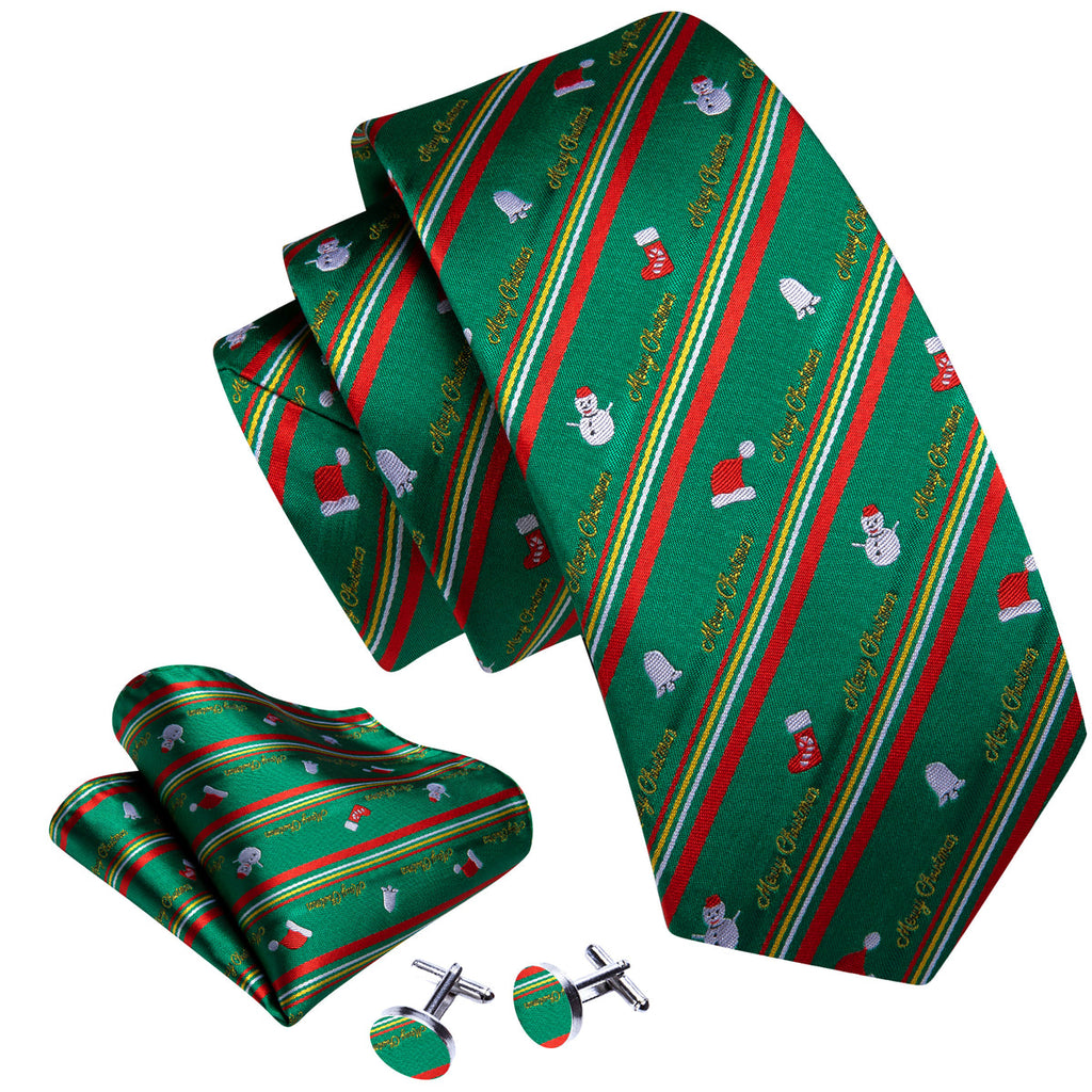 Festive Green & Red Snowman Pattern Silk Tie, Pocket Square, and Cufflinks Silk Tie Set - GentCrest - View 3