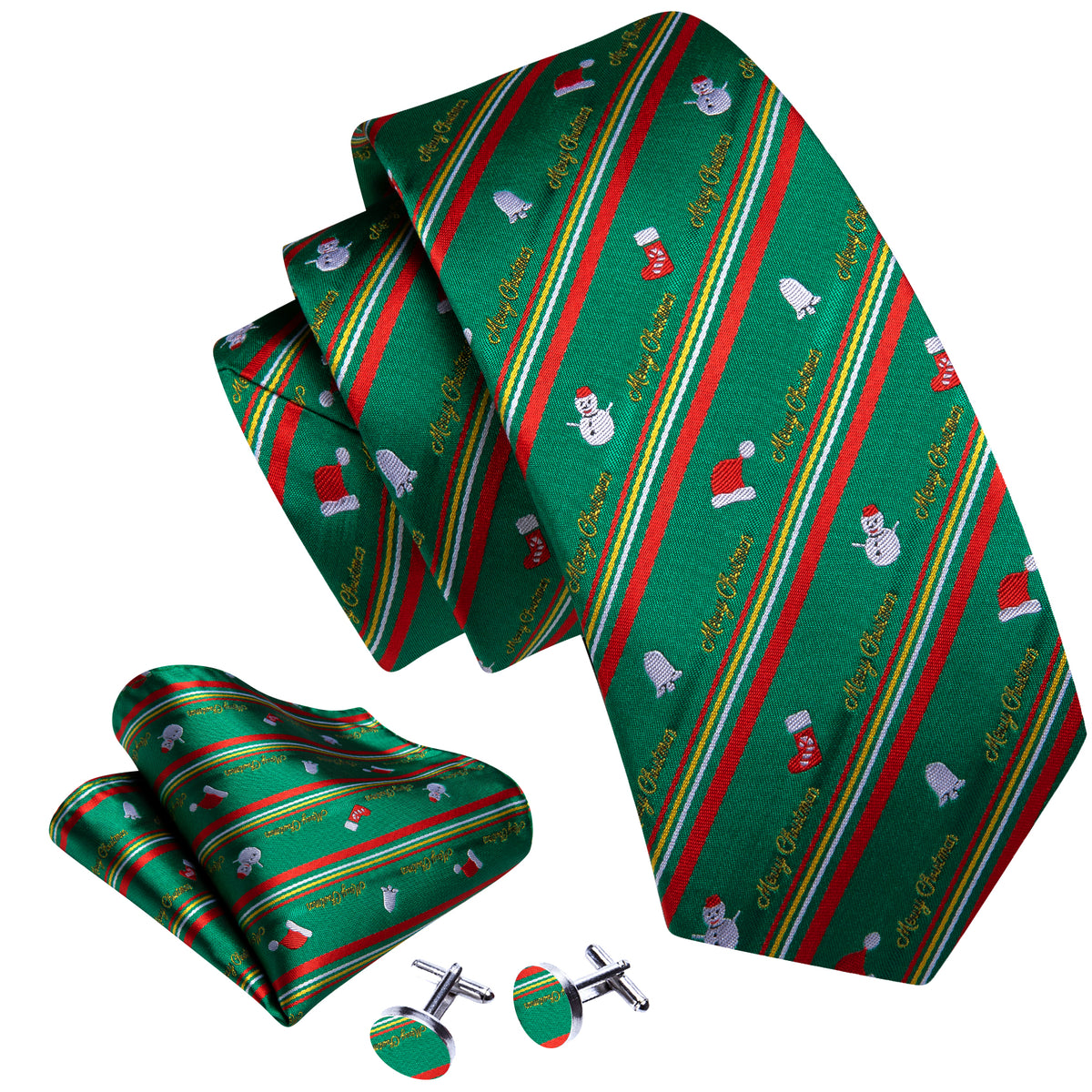 Festive Green & Red Snowman Pattern Silk Tie, Pocket Square, and Cufflinks Silk Tie Set - GentCrest - View 3