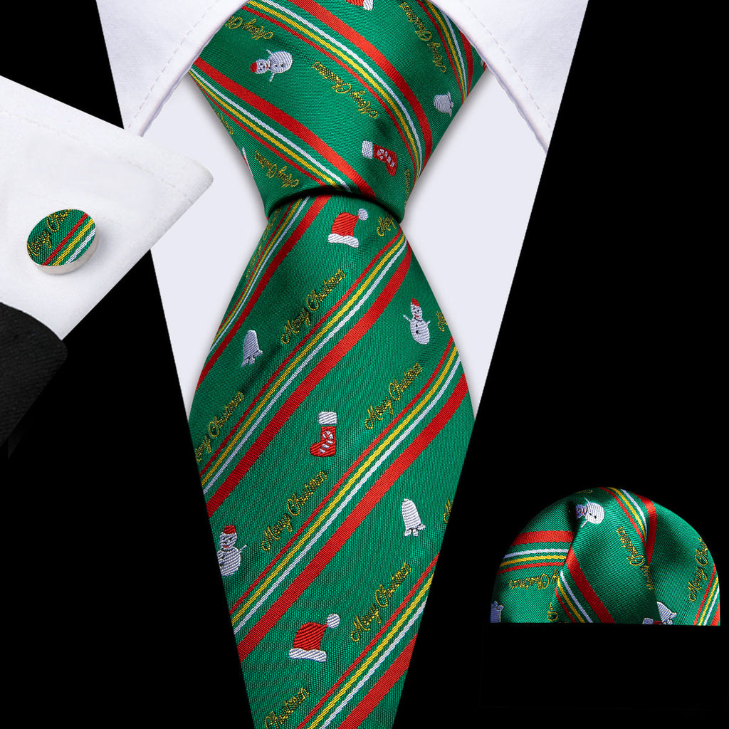 Festive Green & Red Snowman Pattern Silk Tie, Pocket Square, and Cufflinks Silk Tie Set - GentCrest