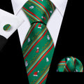 Festive Green & Red Snowman Pattern Silk Tie, Pocket Square, and Cufflinks Silk Tie Set - GentCrest