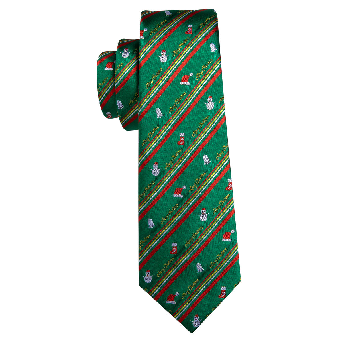 Festive Green & Red Snowman Pattern Silk Tie, Pocket Square, and Cufflinks Silk Tie Set - GentCrest - View 4