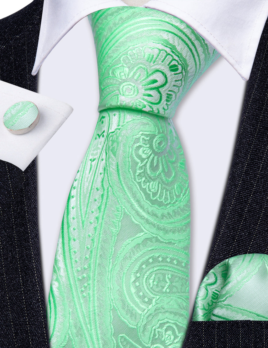 Light Green Paisley Silk Tie Set - GentCrest - View 7
