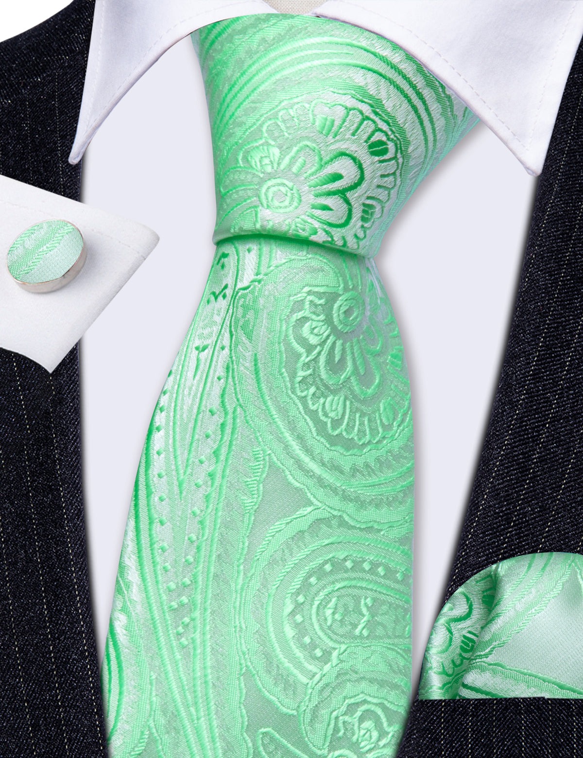 Light Green Paisley Silk Tie Set - GentCrest - View 7