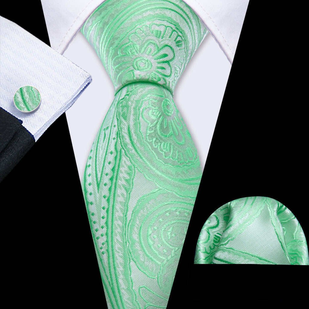 Light Green Paisley Silk Tie Set - GentCrest