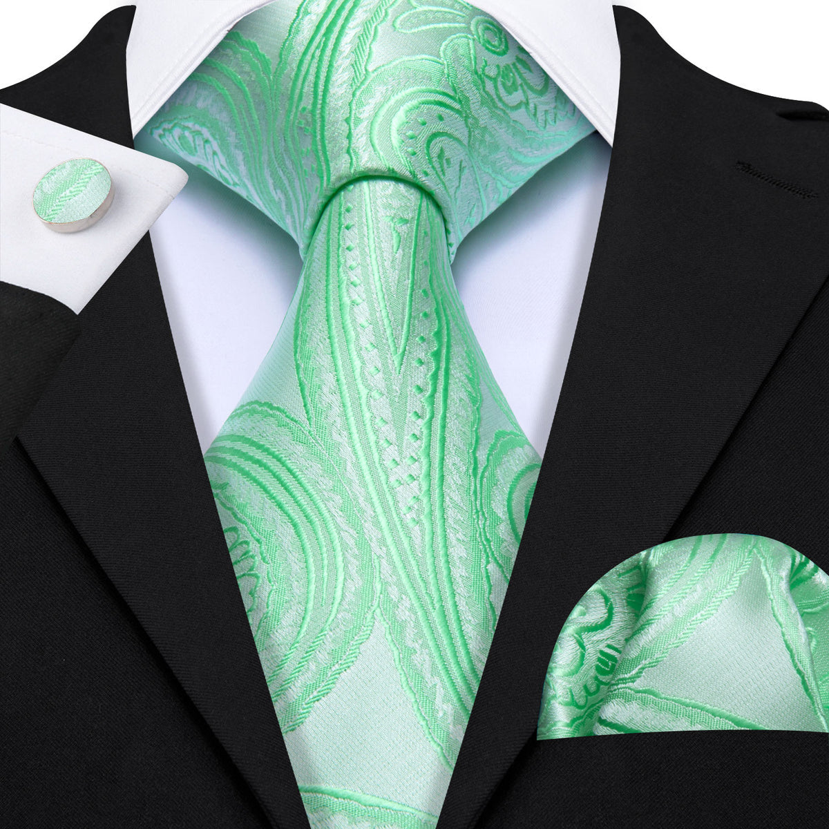 Light Green Paisley Silk Tie Set - GentCrest - View 2