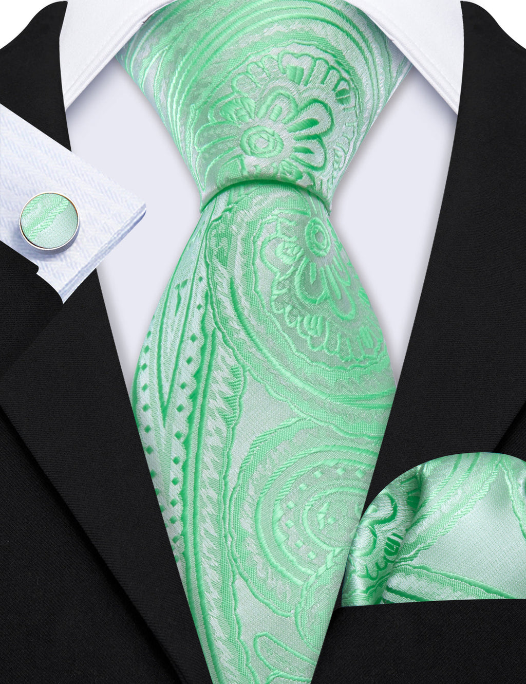 Light Green Paisley Silk Tie Set - GentCrest - View 6