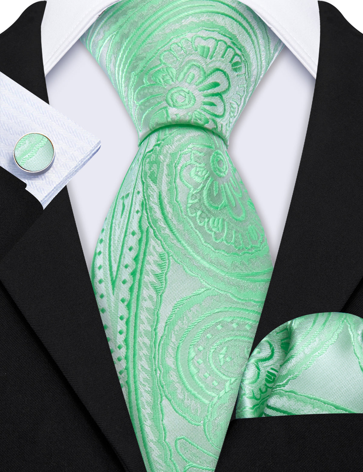 Light Green Paisley Silk Tie Set - GentCrest - View 6