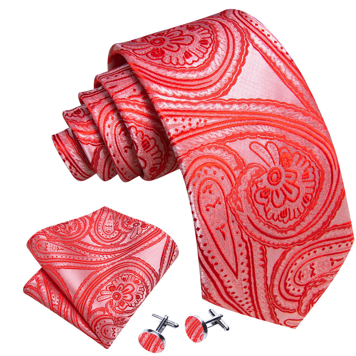 Light Red Paisley Silk Tie Set - GentCrest - View 3
