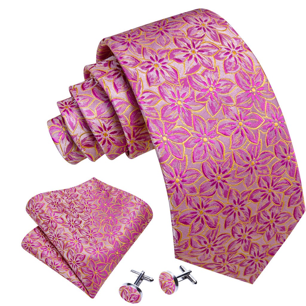 Pink Peach Blossom Jacquard Silk Tie Set - GentCrest - View 4