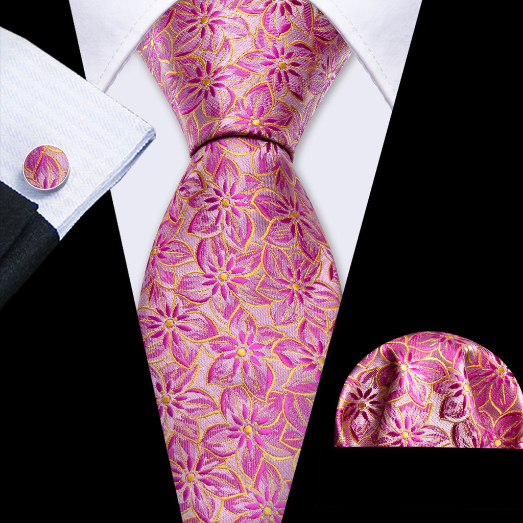 Pink Peach Blossom Jacquard Silk Tie Set - GentCrest