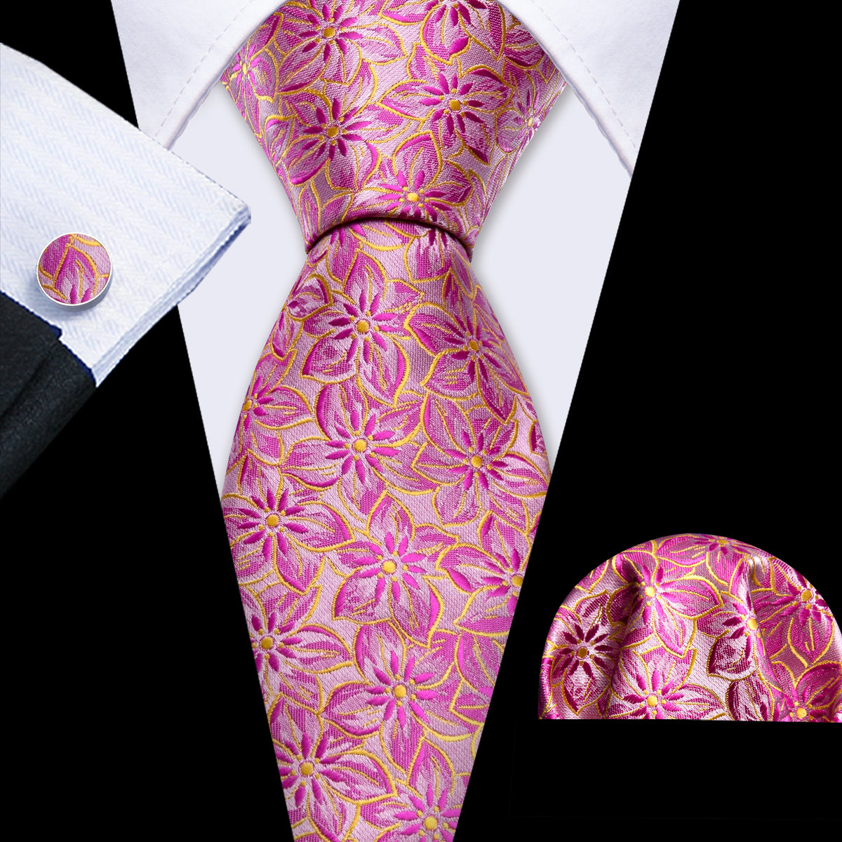 Pink Peach Blossom Jacquard Silk Tie Set - GentCrest