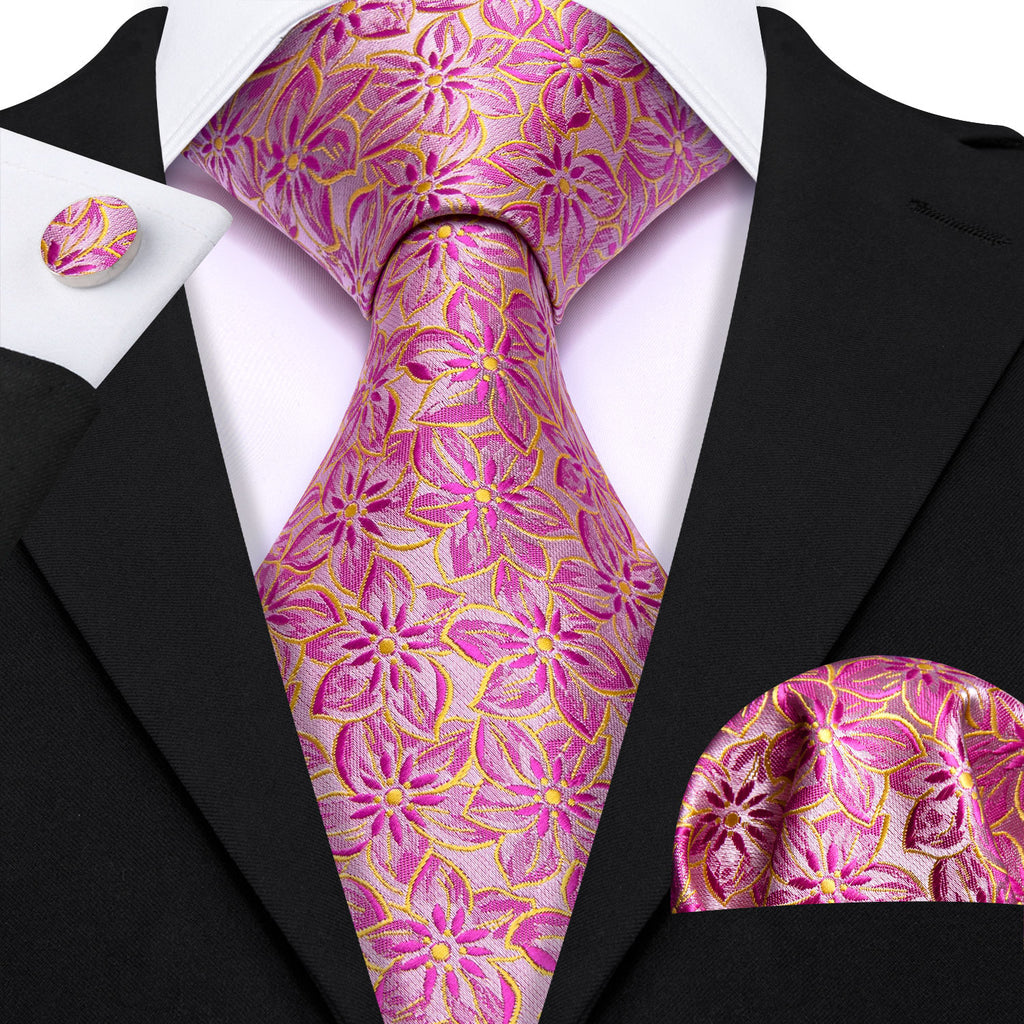 Pink Peach Blossom Jacquard Silk Tie Set - GentCrest - View 2