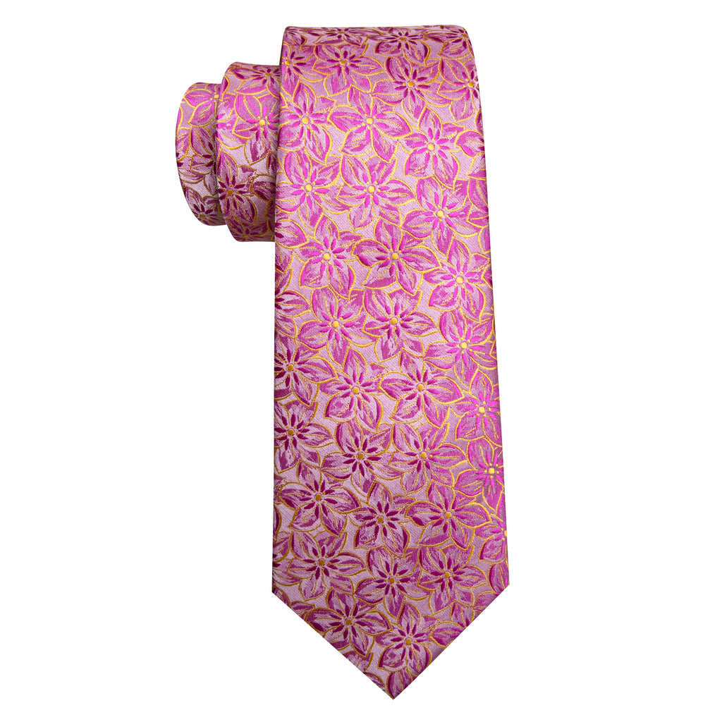 Pink Peach Blossom Jacquard Silk Tie Set - GentCrest - View 6
