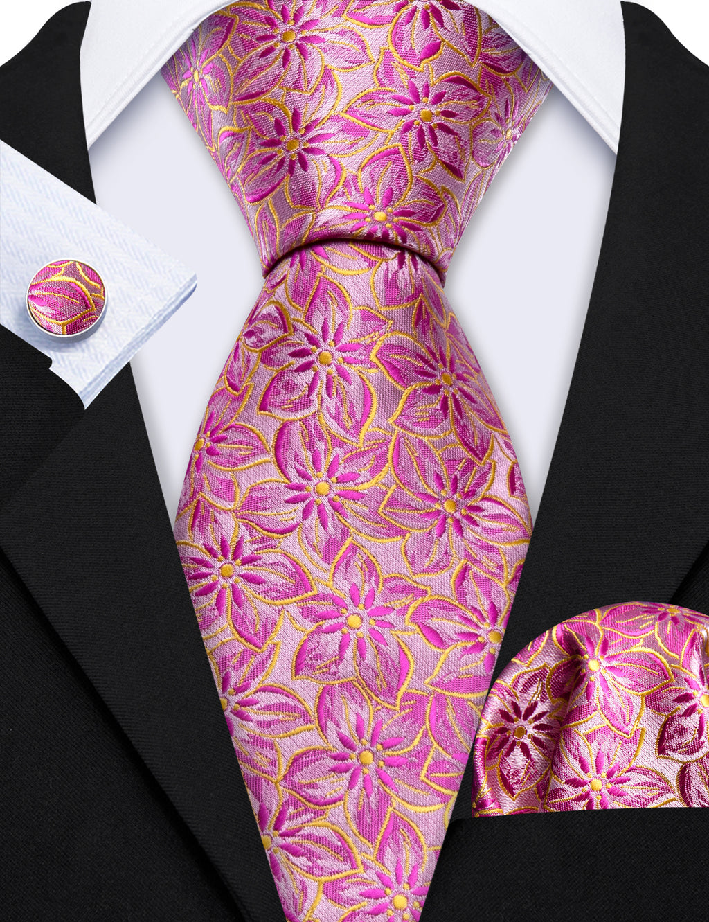Pink Peach Blossom Jacquard Silk Tie Set - GentCrest - View 3