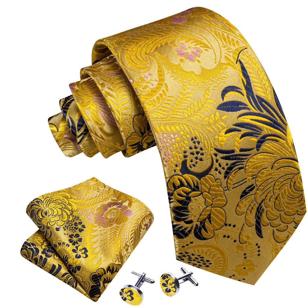 Gold Blue Floral Silk Tie Set - GentCrest - View 3
