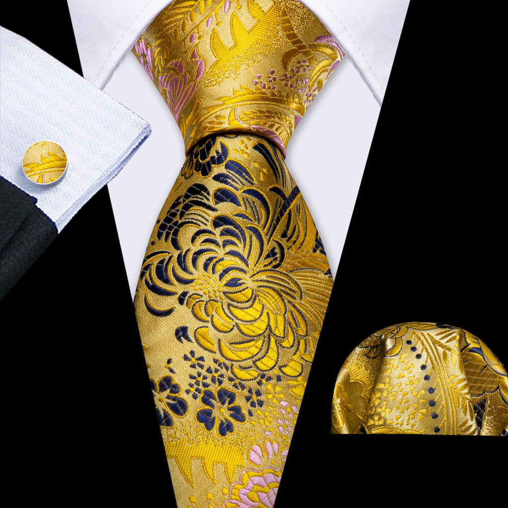 Gold Blue Floral Silk Tie Set - GentCrest