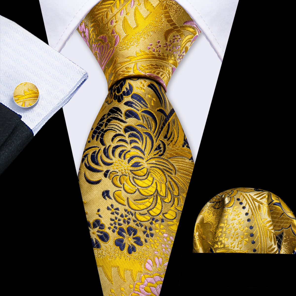 Gold Blue Floral Silk Tie Set - GentCrest