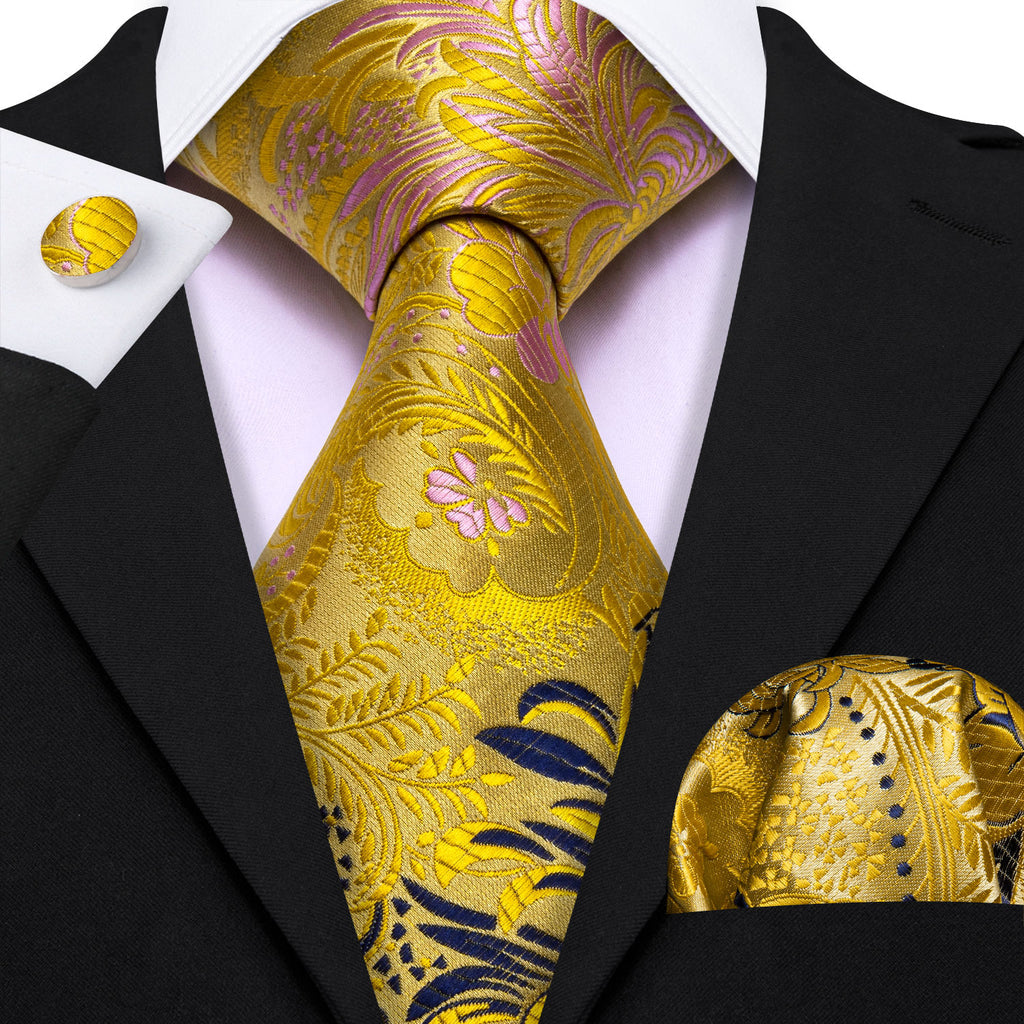Gold Blue Floral Silk Tie Set - GentCrest - View 2