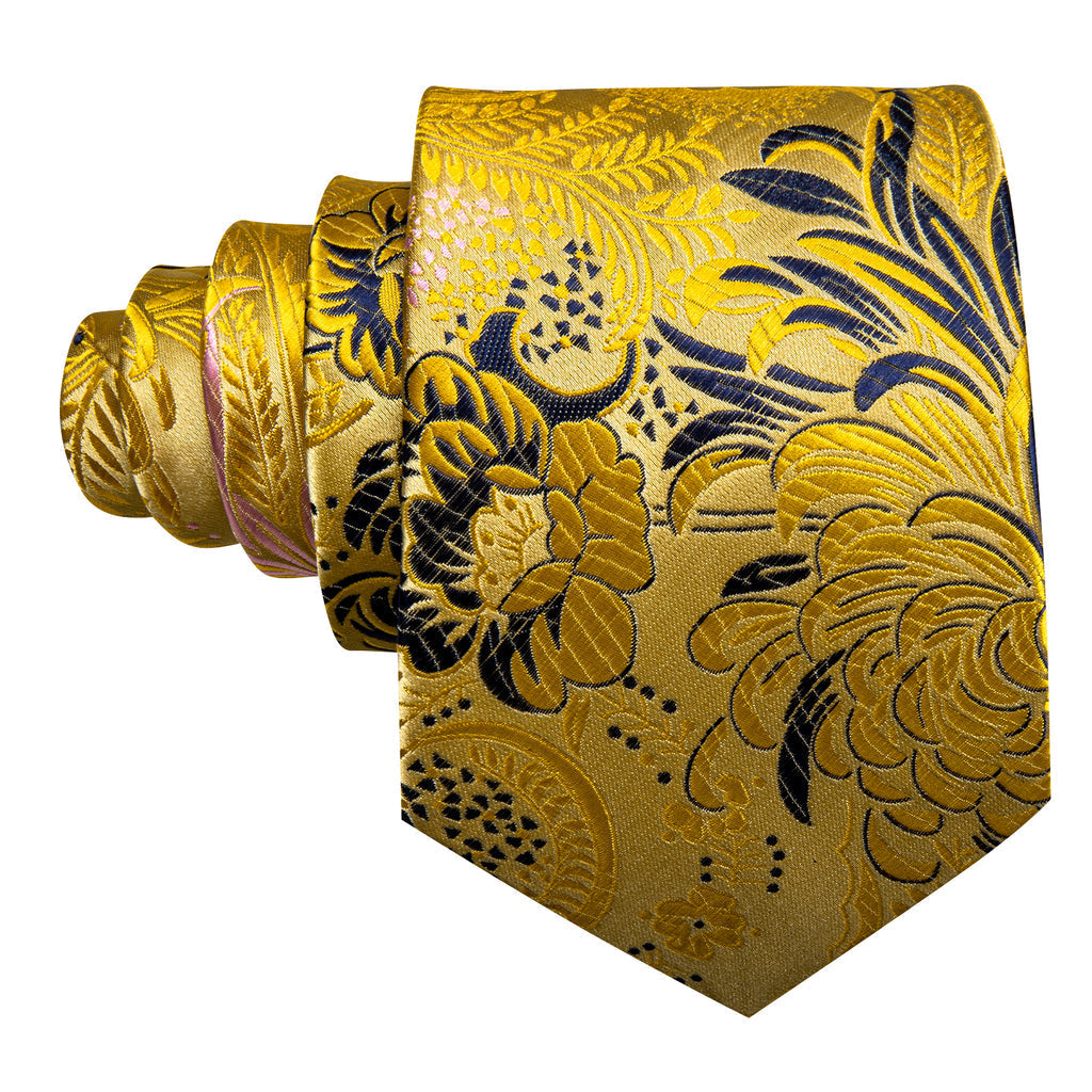Gold Blue Floral Silk Tie Set - GentCrest - View 4