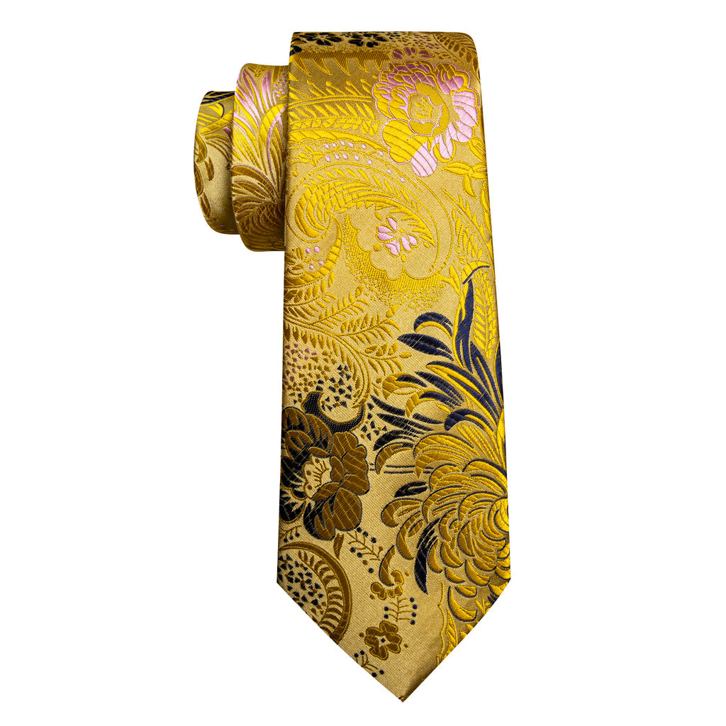 Gold Blue Floral Silk Tie Set - GentCrest - View 5