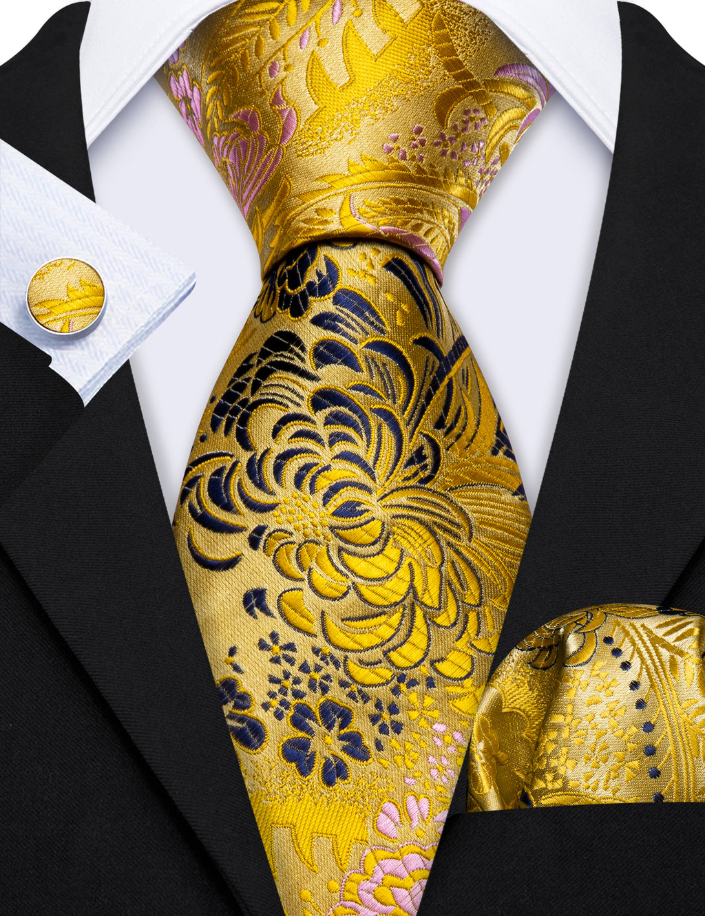 Gold Blue Floral Silk Tie Set - GentCrest - View 6
